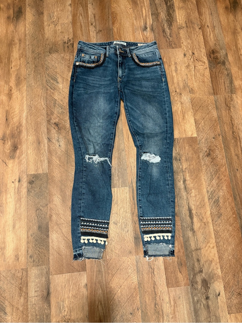 Mavi Dark Blue Skinny Jeans with Embroidered Hem and Tassel Trim size 26/27